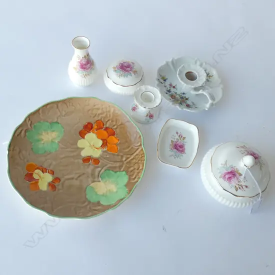 5 PCS ROYAL ADDERLEY DRESSING TABLE SET + VICTORIAN CANDLESTICK + H&K TUNSTALL PLATE