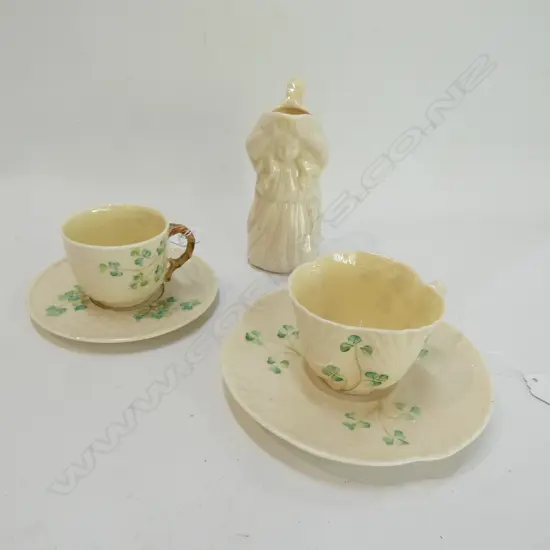 BELLEEK CHINA JUG + 2 C/SAUCERS