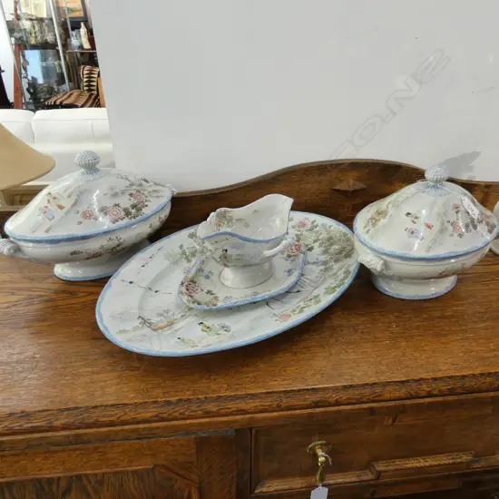 A JAPANESE HAND PAINTED TUREENS X 2 ASHET + SAUCE BOAT