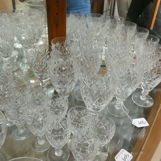 12 CROWN MARKED CRYSTAL SHERRY GLASSES + 12 PORT GLASSES