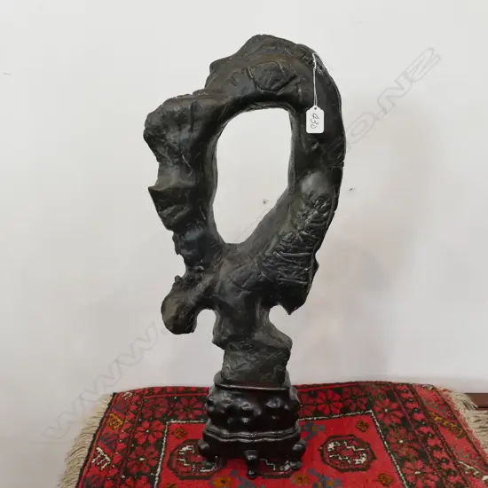 CHINESE SCHOLARS ROCK ON CARVED WOOD STAND