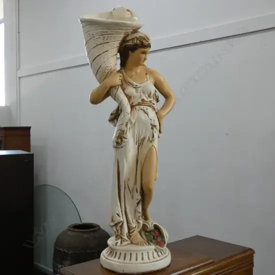 CAST PLASTER WOMAN WITH CONCH SHELL 850MM H