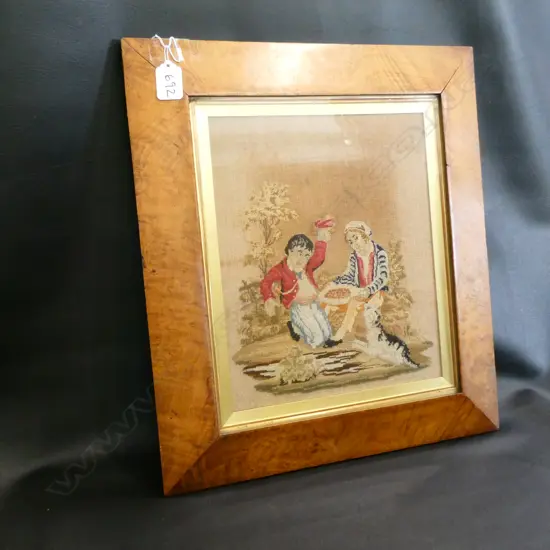 VICTORIAN EMBROIRED PICTURE; CHILDREN PLAYING WITH DOG WALNUT FRAME 390 X 440MM