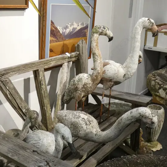 6 GARDEN FLAMINGOS + A HERON