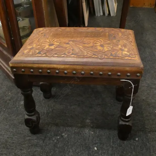 TOOLED LEATHER TOP SMALL STOOL