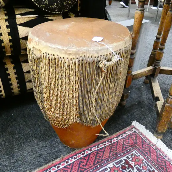 VINTAGE AFRICAN WOODEN DRUM ANIMAL SKIN COVER H.420mm