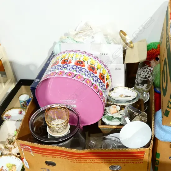 BOX LOT ASST GLASSES, CRYSTAL, CAKE TIN, WINE GLASSES ETC