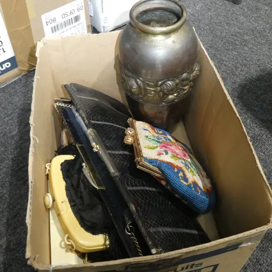 LOT ARTS+CRAFTS BRASS VASE + ASST VINTAGE PURSES ETC