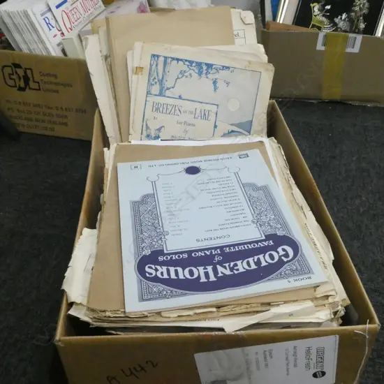 BOX LOT VINTAGE SHEET MUSIC, SMALL OIL BURNER AND PHONECARDS