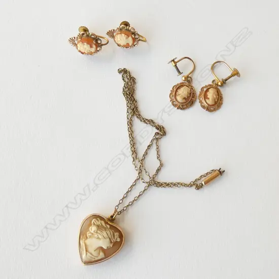 2 PRS 9CT CAMEO EARRINGS + CAMEO R/GOLD PENDANT LOCKET