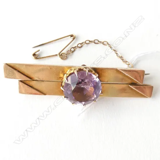 9CT ROSE & YELLOW GOLD AMETHYST BAR BROOCH