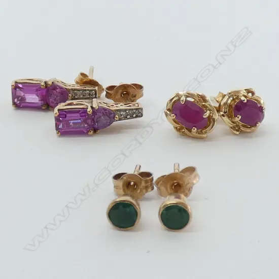 EARRINGS, 3 PAIRS, PINK TOURMALINE(?) 9CT, RUBY 14CT, EMERALD 9CT