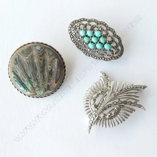 3 SILVER BROOCHES; PAUA + 2 MARCASITE 
