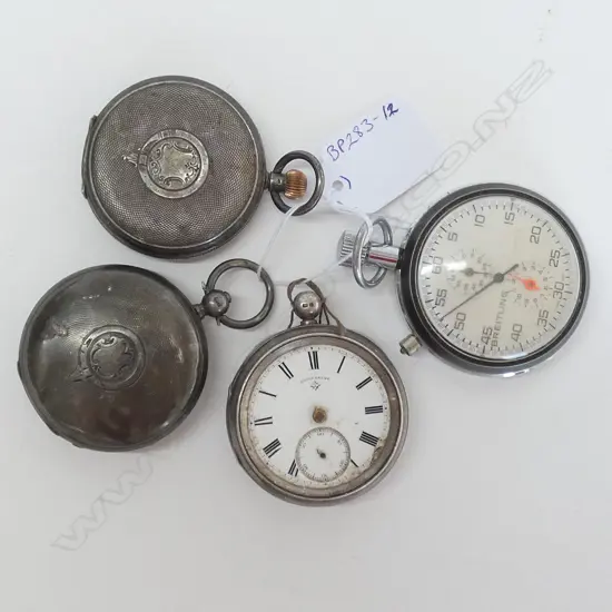 3 VERY OLD STERLING SILVER ENGLISH POCKETWATCHES AND BREITLING STOP WATCH