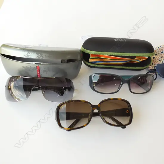 3 DESIGNER LADIES SUNGLASSES; PRADA WITH CASE MISSING NOSE PAD, CK, GUCCI?