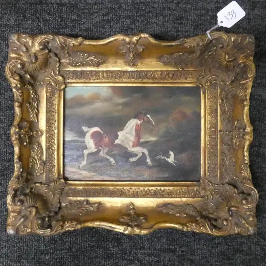 ANTIQUE STYLE OIL HORSE & DOG GILT FRAME