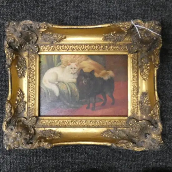 ANTIQUE STYLE OIL CAT & DOG GILT FRAME