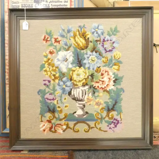 FRAMED FLORAL GROS POINT TAPESTRY 615 x 625MM