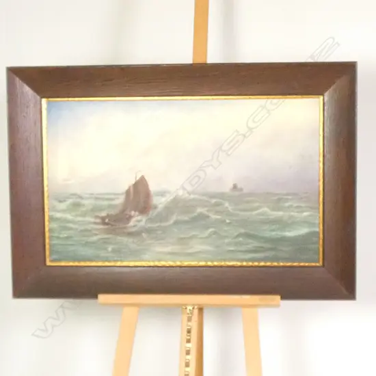 SEASCAPE WITH SAIL & FISHING BOATS OIL ON CANVAS SIGNED M. MACDONALD 1912 OAK FRAMED