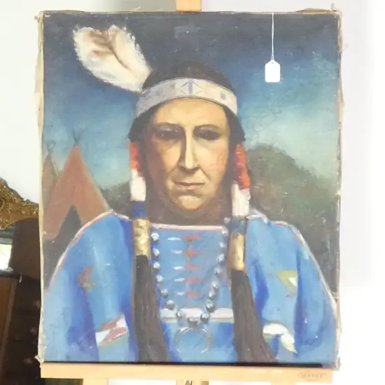 ARTIST UNKNOWN OIL ON CANVAS NATIVE AMERICAN INDIAN 610 X 520 MM