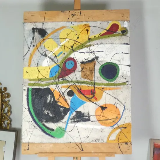 L JACKSON OIL ON JUTE ABSTRACT 970 X 710 MM