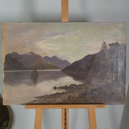 W.MENZIES GIBB OIL ON CANVAS LAKE SCENE NEEDING RESTORATION 510 X 760 MM