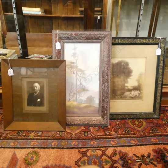 3 VINTAGE ARTWORKS; OIL ON BOARD, 2 PHOTOS