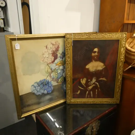 2 ARTWORKS; HYDRANGEA W/C 790 X 600 + GILT FRAMED LADY