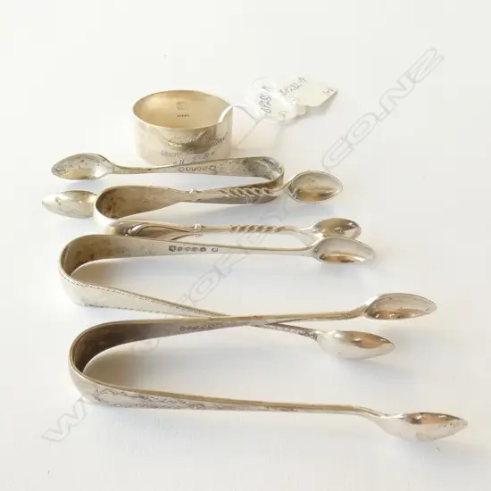 4 S/PLATE PRs SUGAR TONGS + SILVER NAPKIN RING