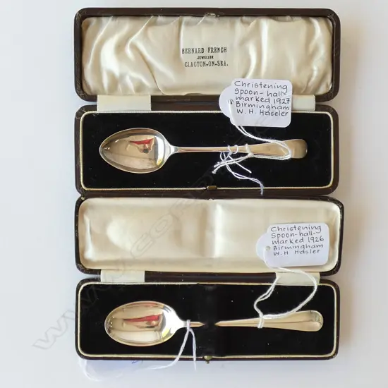 TWO SILVER CHRISTENING SPOONS, BIRM BY WH HASELER, 1926 & 1927, 35GM, BOXED