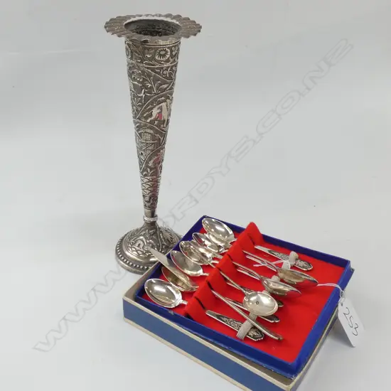HEAVILY WEIGHTED INDIAN SILVER POSEY VASE, SET 6 THAI STG SPOONS + 4 OTHERS