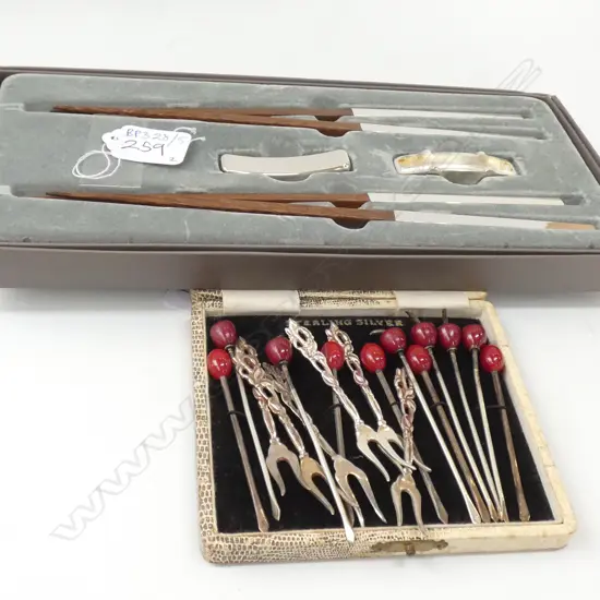 CASED SET OF 2 PRS CHOPSTICKS + 5 CASED STG SILVER COCKTAIL PICKS + 6 835 DUTCH SILVER COCKTAIL FORKS + 6 OTHER