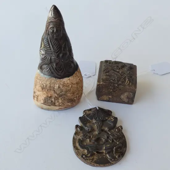2 SEALS; HORN BUDDHA, SQUARE STONE & STONE BI DISK PENDANT