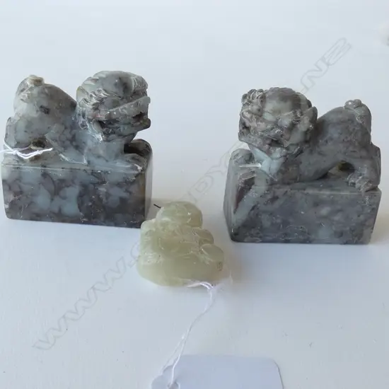 2 SOAPSTONE FU DOGS & SMALL JADE BUDDHA