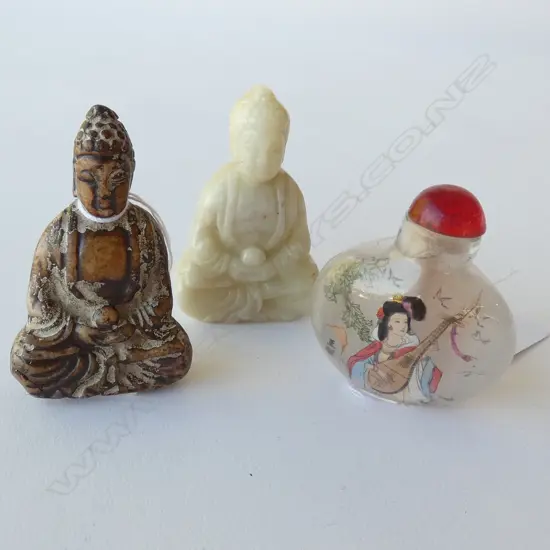 2 SMALL STONE BUDDHAS & INTERIOR PAINTED SNUFF BOTTLE