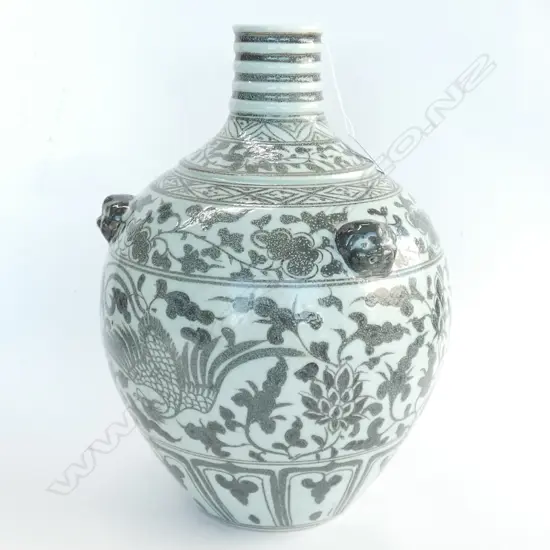 CHINESE INDIGO & WHITE OVOID VASE, MASKS, H.340mm