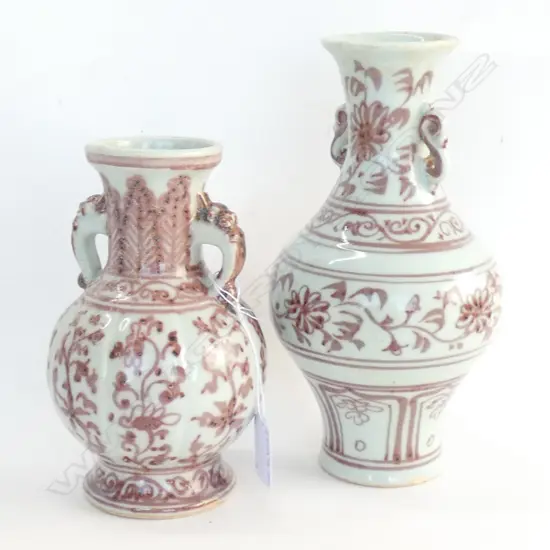 TWO CHINESE RED&WHITE VASES WITH HANDLES, TALLEST H.220mm