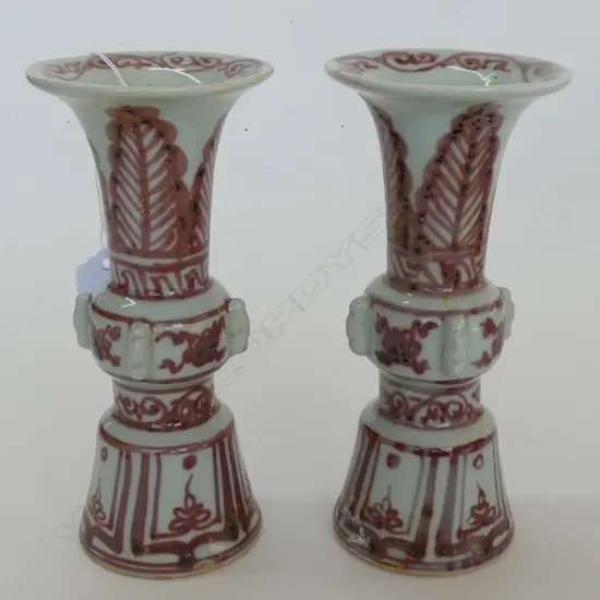 PAIR CHINESE RED & WHITE VASES, H.160mm