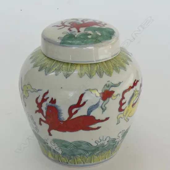 CHINESE GINGER JAR, B&W PAINTED RED GREEN YELLOW HIGHLIGHTS 
