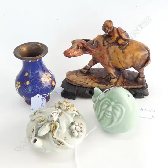 4 ORIENTAL PCES; SOAPSTONE BOY ON BUFFALO, CLOISONNE VASE, 2 CERAMIC PCES