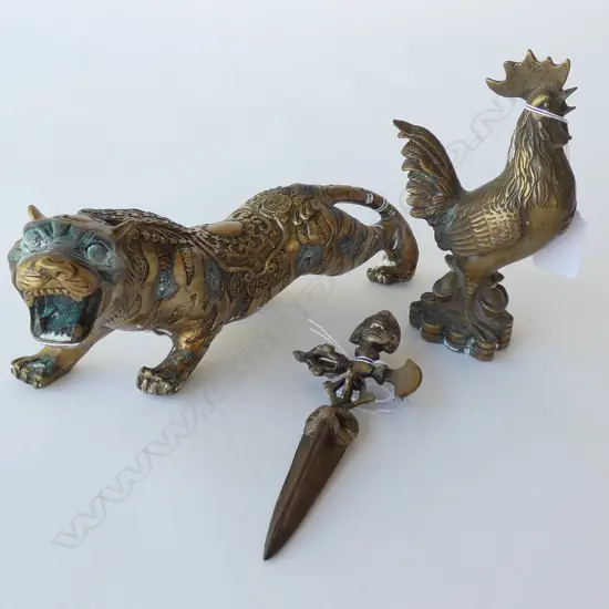 3 BRONZE PCES; ROOSTER, TIGER, KNIFE