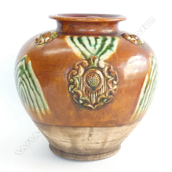 CHINESE TANG STYLE POTTERY VASE, BROWN + GREEN HIGHLIGHTS, H.235mm