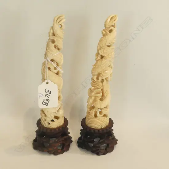 PR OLD IVORY TUSK TIPS CARVED & PIERCED WITH DRAGONS