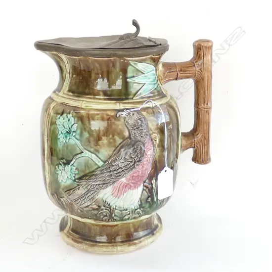 c1880 THOMAS FORRESTERS MAJOLICA BIRD JUG PEWTER LID