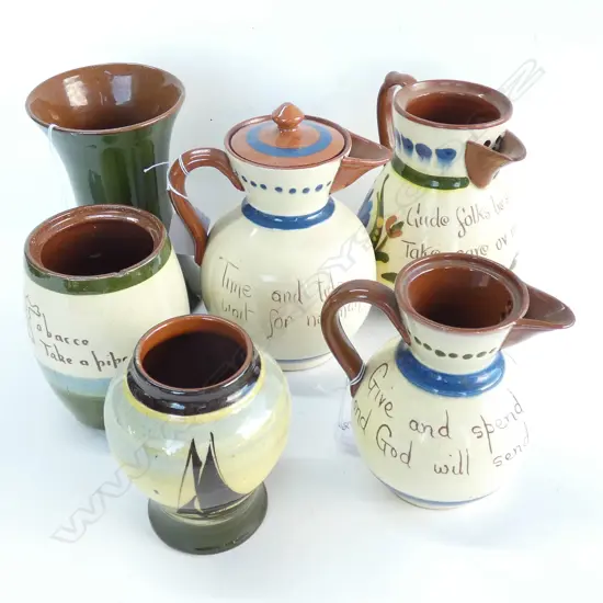 6 PCES TORQUAY WARE; 3 JUGS & 3 VASES