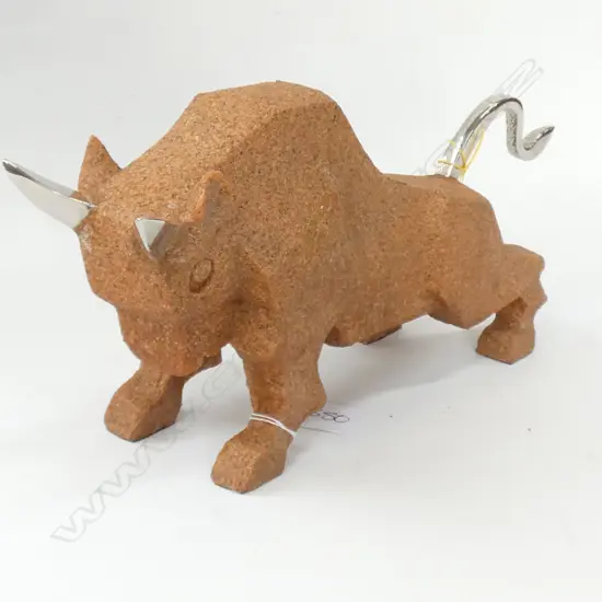 CARVED CHINESE STONE BULL, SILVER & STONE