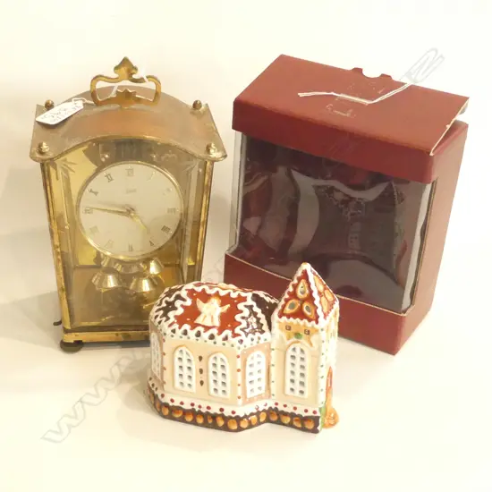 SCHATZ GERMAN CLOCK H. 210MM AND CERAMIC CHURCH BOXED 