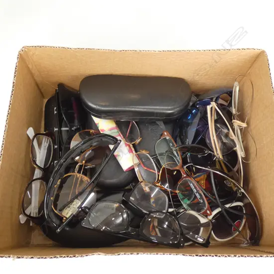 BOX LOT ASST SUNGLASSES, PRESCRIPTION FRAMES, CASES ETC