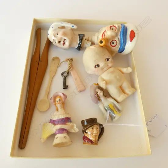 COLLECTION OF PORCELAIN DOLL HEADS, SMALL CHINA PIECES, GLOVE STRETCHERS & BONE SPOON