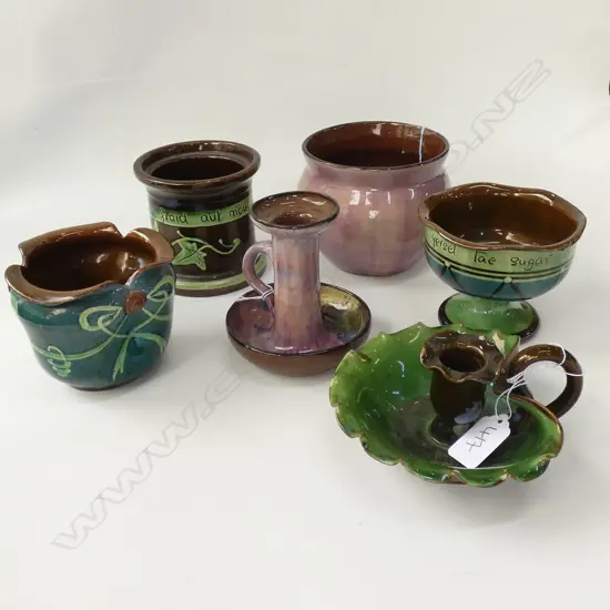 6 PCES TORQUAY WARE; 2 CANDLEHOLDERS, 2 VASES, ETC